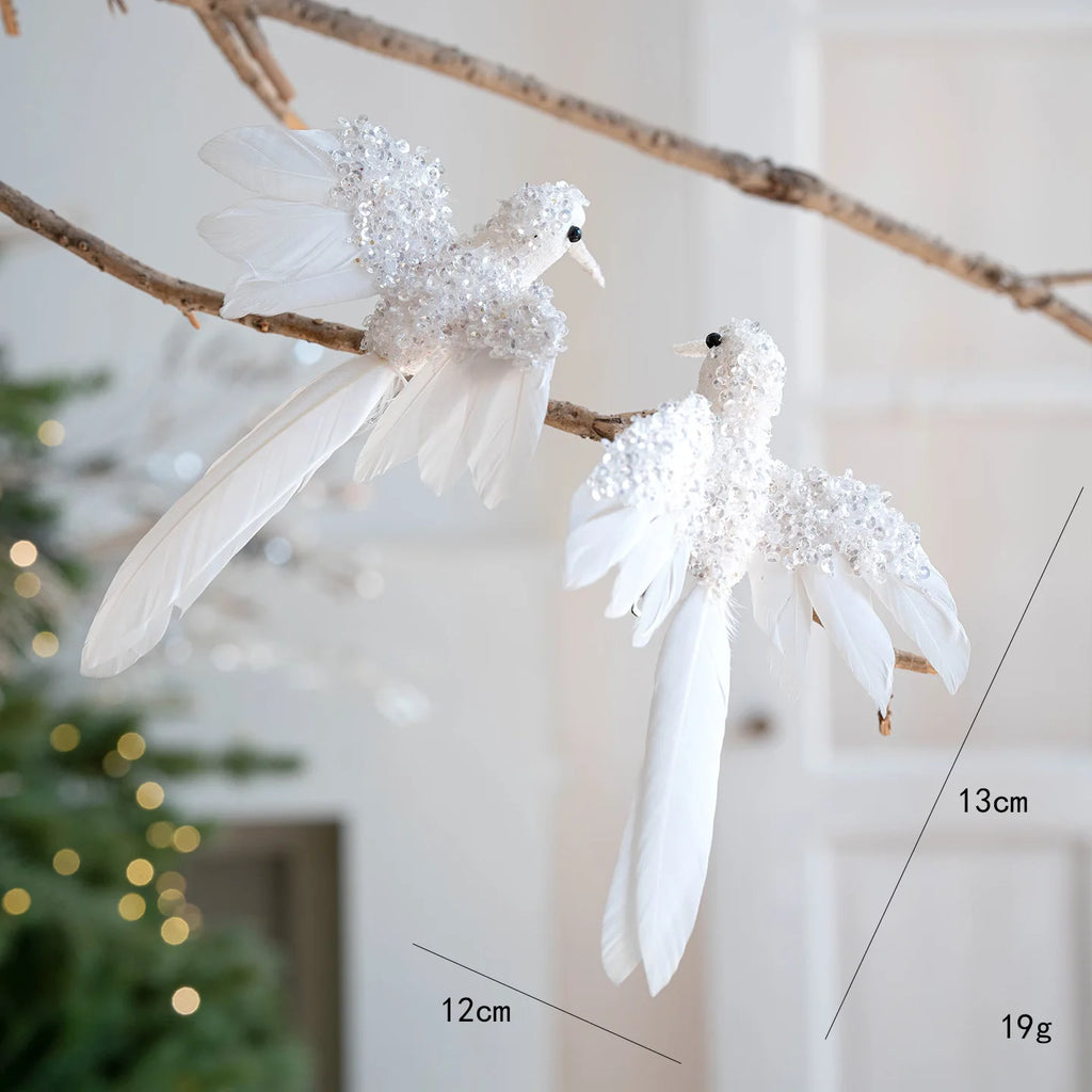 2-Pack Feather Hummingbird Christmas Ornaments – Glitter Birds Christmas Ornaments Zpaxo White
