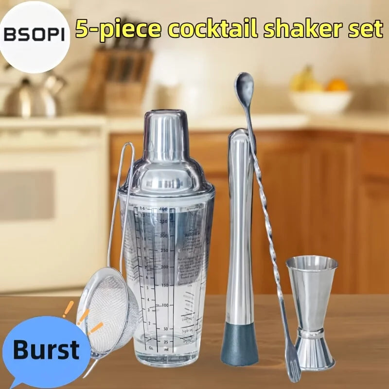 Bar Stainless Steel Cocktail Shaker 5-piece Glass Mixing Tool Home Zpaxo