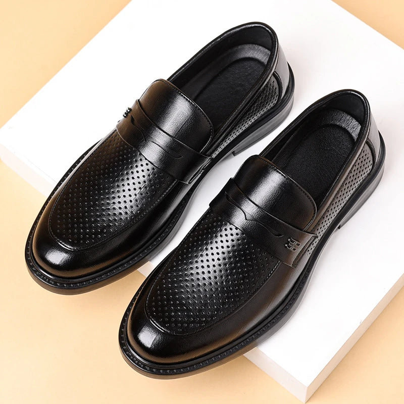 Mens Black Penny Loafers Perforated Detail Slip Comfortable Zpaxo