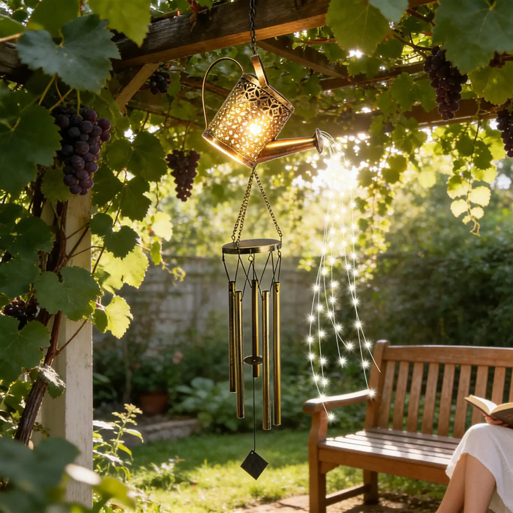 Solar Watering Can Lights Retro Iron Kettle Shape Home Decor Chime
