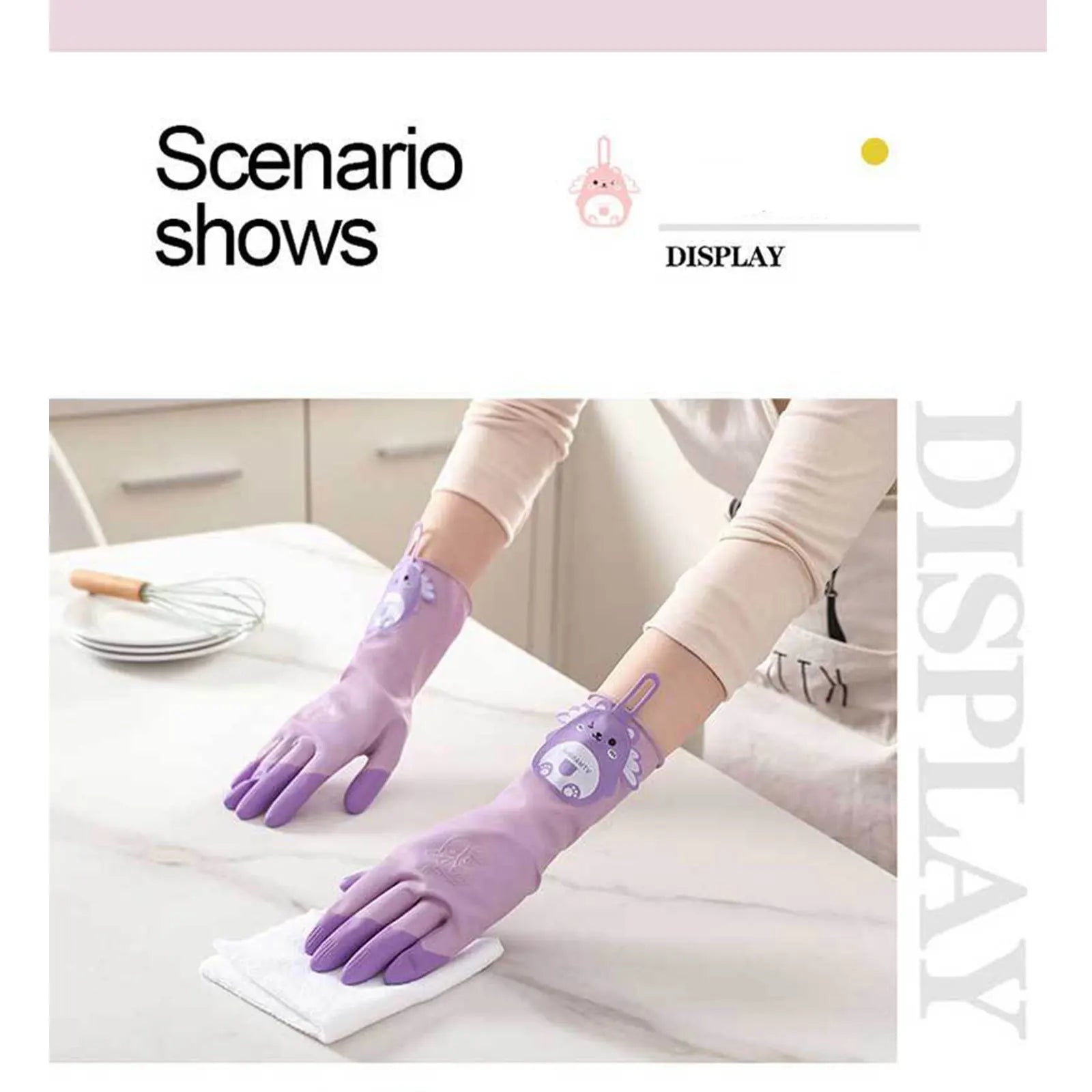 Reusable Latex Dishwashing Gloves, 3 Pairs Color-Block Cartoon Kitchen Gloves for Washing Dishes, 11in Long Cuff, Non-Slip Zpaxo