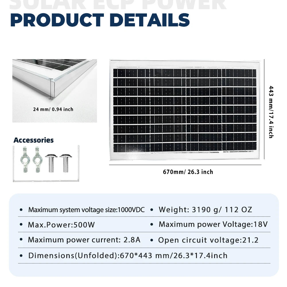 50W-500W Mono Solar Panel High-Efficiency18V PV Module Solar Generator for Off-Grid Home/Camping With DC Plug Zpaxo