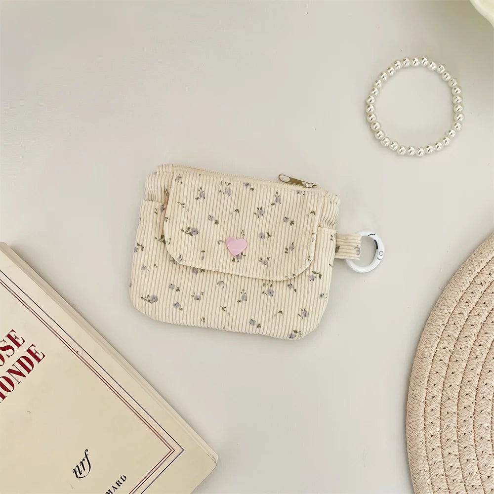 Corduroy Coin Purse Women's Wallet Zipper Card Holder Bank ID Bag Zpaxo Floral blue