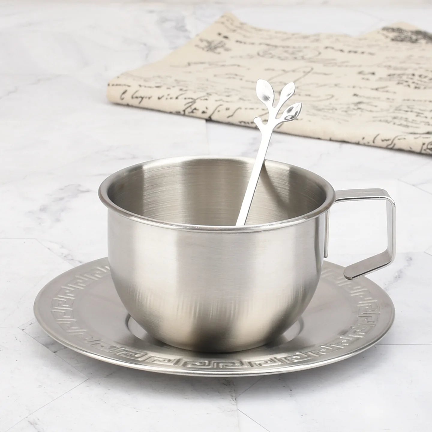 250ml Gold Stainless Steel Coffee & Tea Cup Set with Spoon Coffee Cup Set Zpaxo Silvery