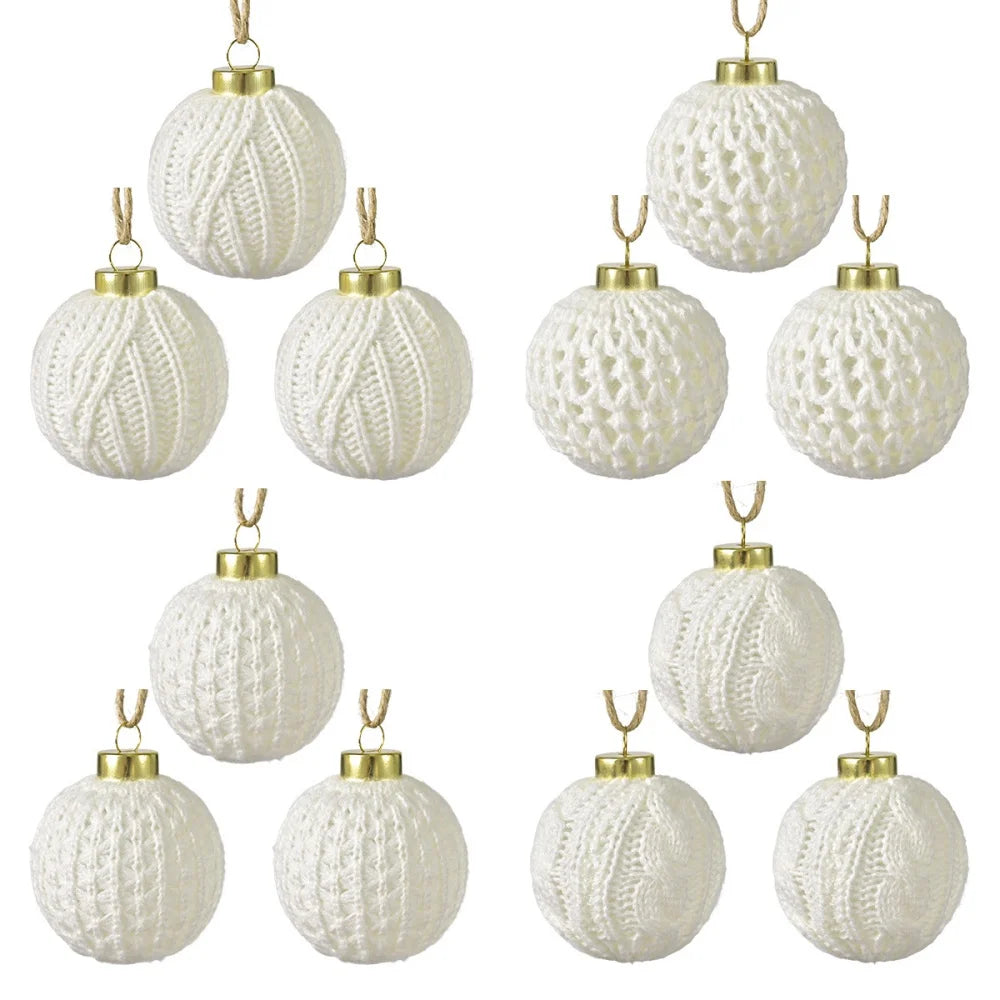 12-Pack White Knitted Yarn Christmas Ball Ornaments | Tree Decor