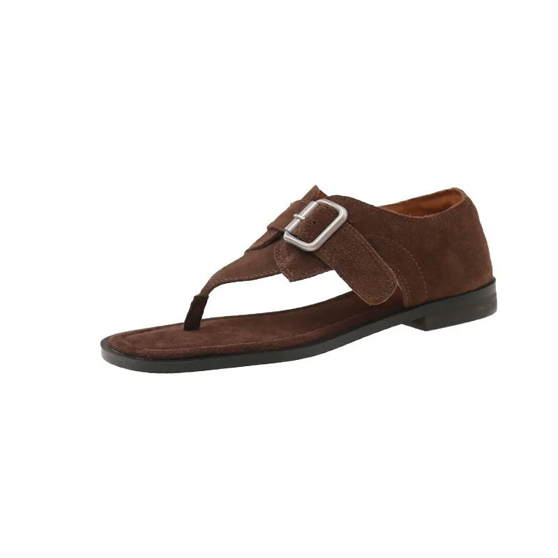 Fashionable Versatile Square Head Metal Buckle Flat Heel Roman
