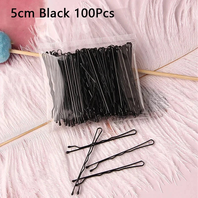 Women Black Hair Clip Metal U-shaped Bobby Pins Wavy Hairpin Barrette Zpaxo Black-100Pcs