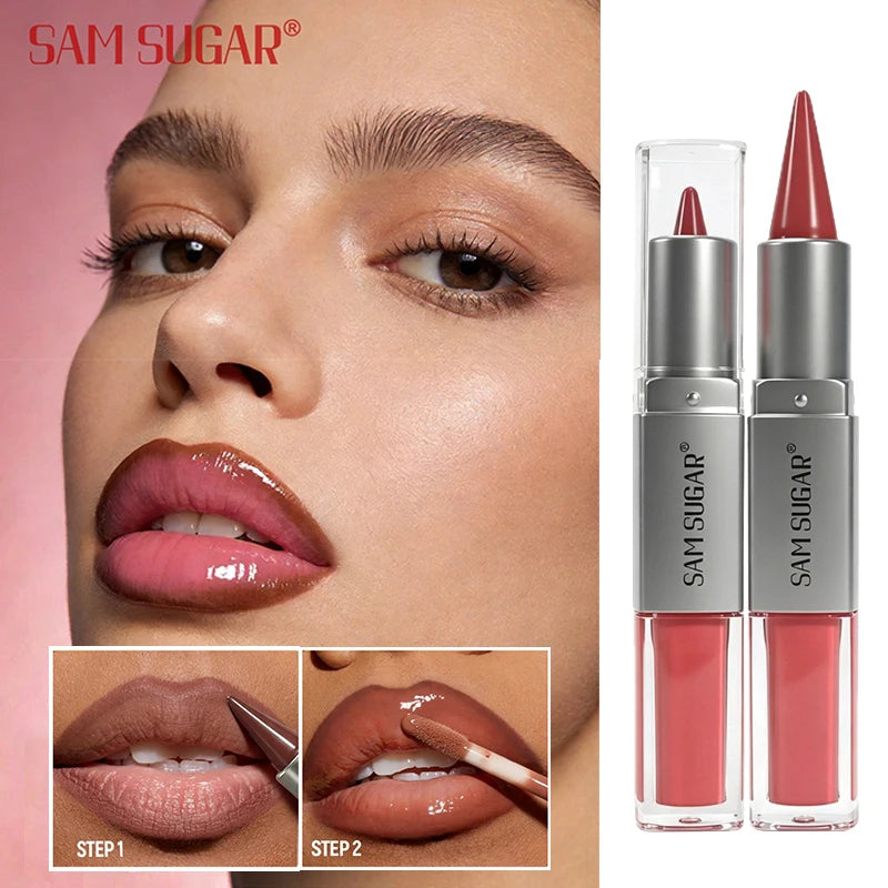 2 in1 Tapered Gradient Lipliner Pen Nude Brown Mirror Glass Lip Gloss Waterproof Lip Contour Matte Lip Liner Non Stick Makeup Zpaxo