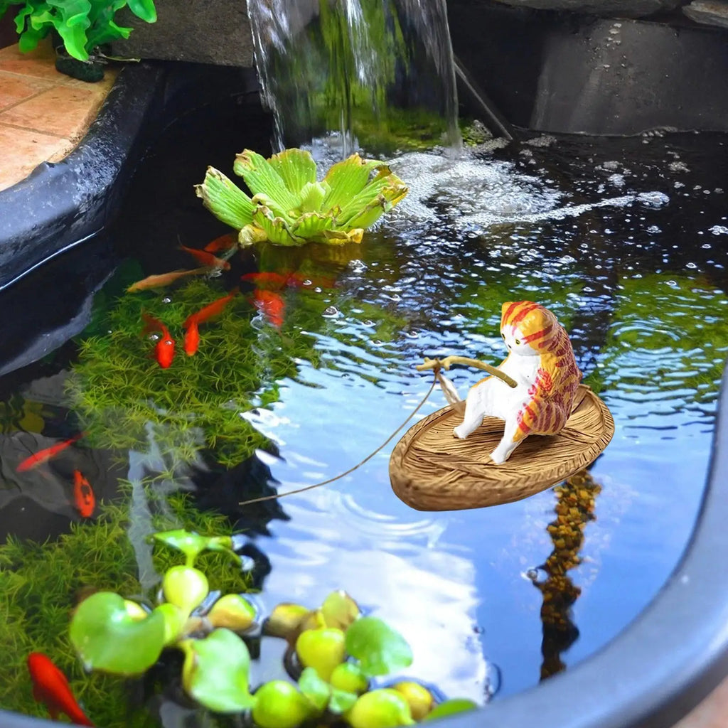 Cute Kitten Fishing Aquarium Ornament Floating Hanging Cat Fish Tank