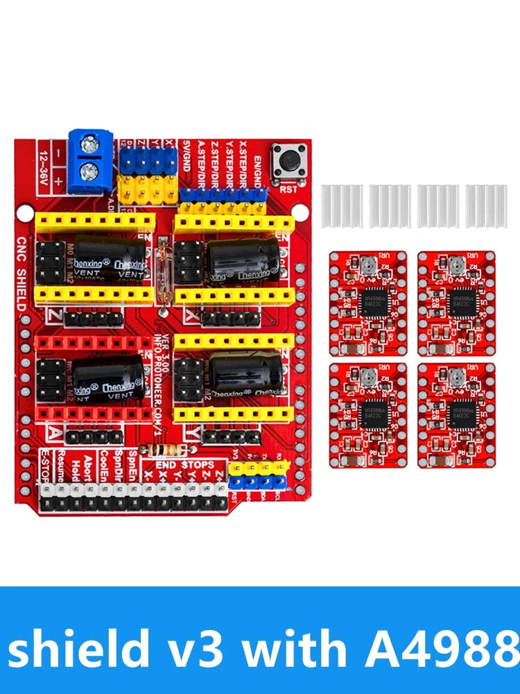 ‌CNC Shield V3 (GRBL-Compatible) for Arduino forUno – 4x A4988/DRV8825 Stepper Motor Driver Bundle for CNC Milling, 3D Printi Zpaxo with 4pcs a4988