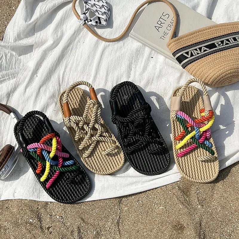 2026 Summer Women's Hemp Rope Woven Sandals Roman Rainbow Bohemian Zpaxo