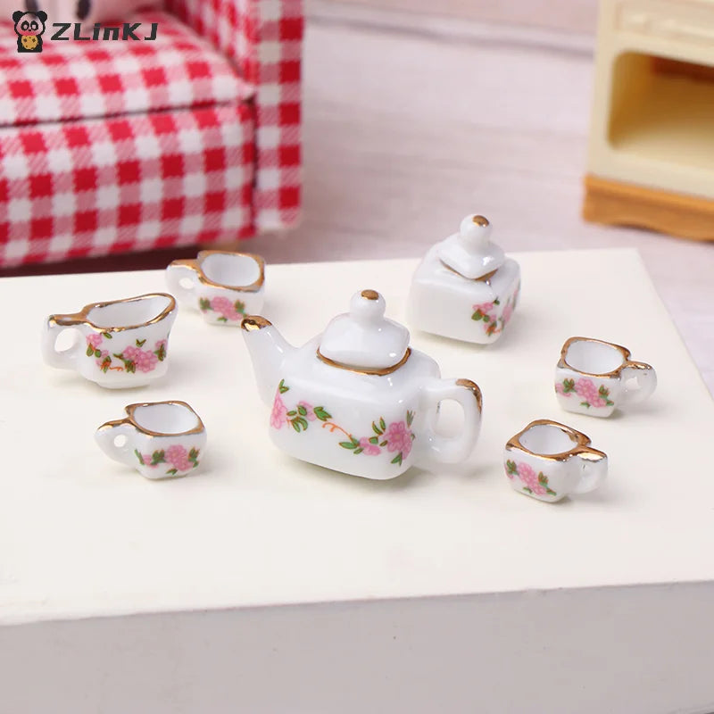 ▶1Set 1:12 Dollhouse Miniature Ceramics Teapot Tea Set Mini Ceramic Kungfu Tea Set Kettle Cup Tableware Model Kitchen Decor Toys Zpaxo