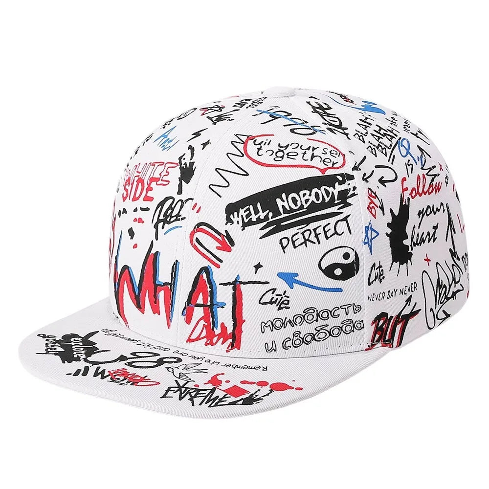 Casual Hip Hop Baseball Cap Print Letter Graffiti Sun Hat Adjustable Outdoor Snapback Hat for Men Women Zpaxo White 1
