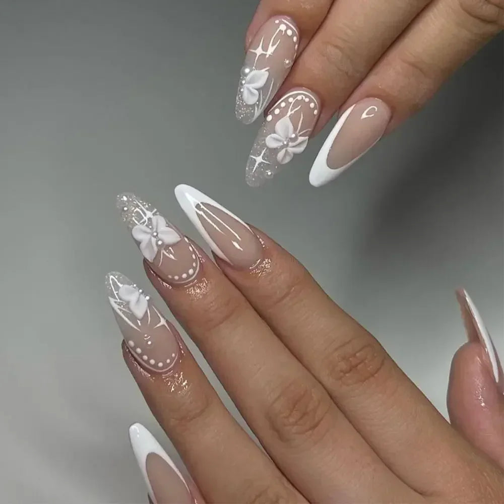 Long Almond False Nails French Leopard Star Press Fake DIY Manicure