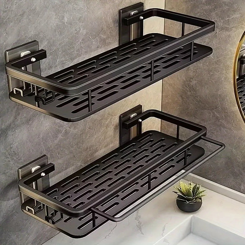 2pcs Black Wall Mounted Storage Shelf – Heavy Duty Plastic No Drill Organizer Rack with 2 Hooks, Corner Shelf for Bathroom Zpaxo