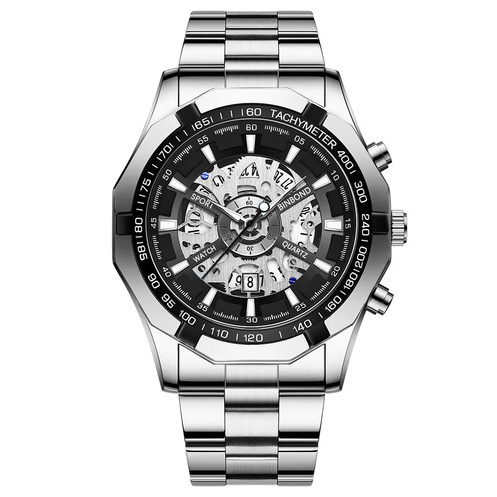 BINBONG Business Men's Watches Waterproof Calendar Luminous Fashion Quartz Watch For Man Stainless Steel Male Clock Reloj Hombre Zpaxo Silver Black