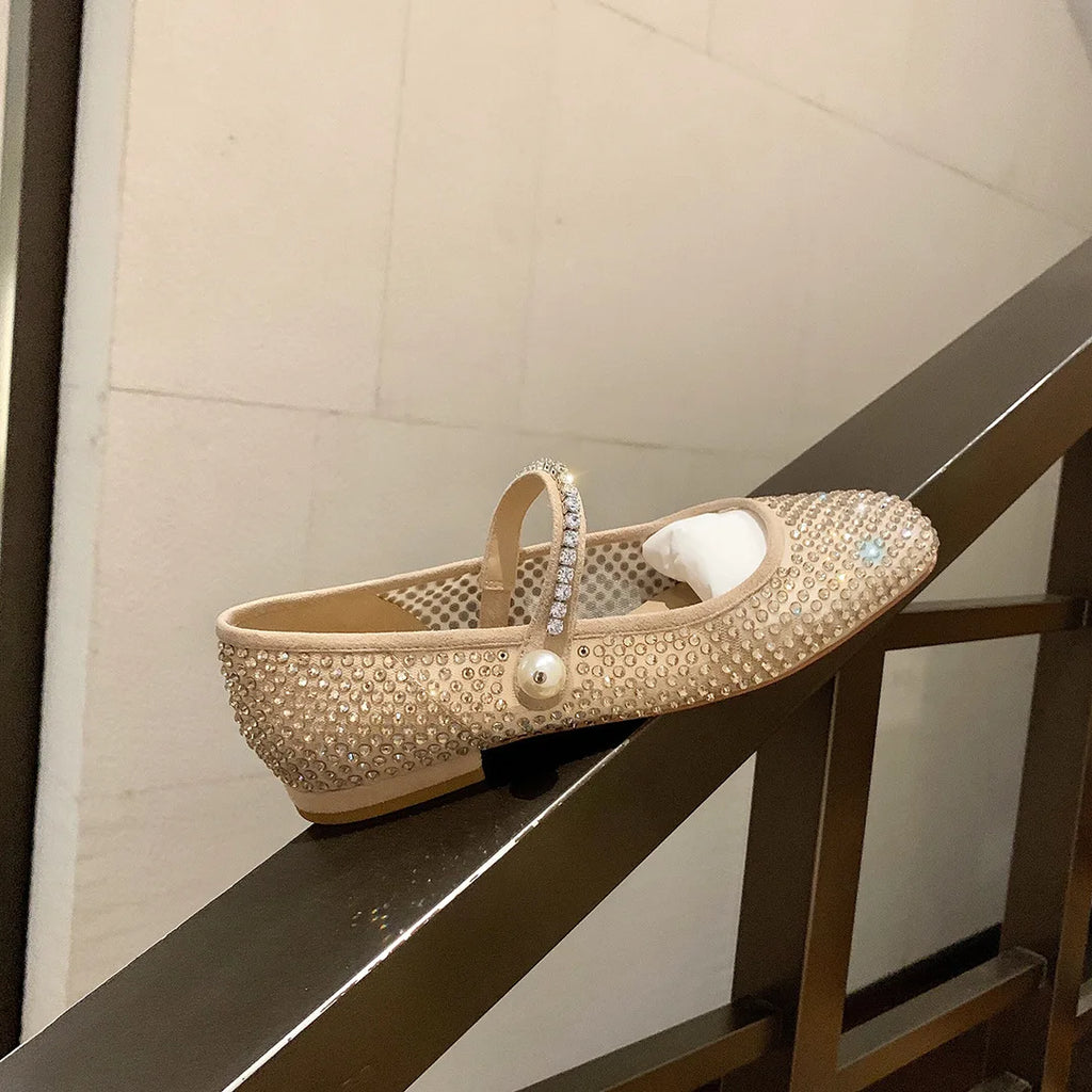 Flat Shoes for Women Spring and Autumn New Square Toe Mesh Full Diamond Pearls Mary Jane Women's Ladies Luxury Shoes Women Zpaxo