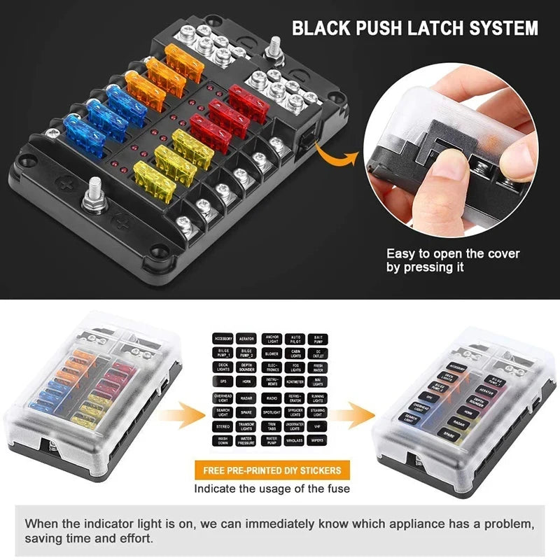 Car Boat Fuse Box Holder 12 Way Blade Block Warning Indicator 12V 24V
