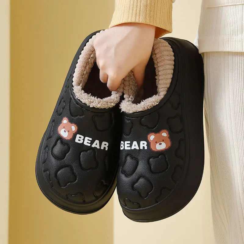 Cute Bear Waterproof Cotton Slippers Women Warm Lightweight Anti Slip