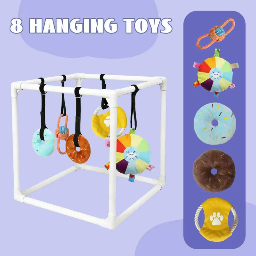 Dog Gym Assembly Frame Training Tool with 5 Toys Dog Playground Equipment for Training Teething Calming Indoor Floor Play Zpaxo