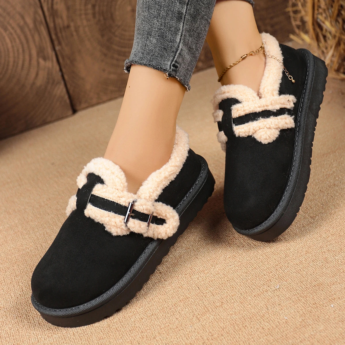 Women Boots Fashion Faux Fur Shoes for Women Winter Thick Bottom Non Slip Ankle Boots Warm Metal Belt Buckle Snow Boots Women Zpaxo