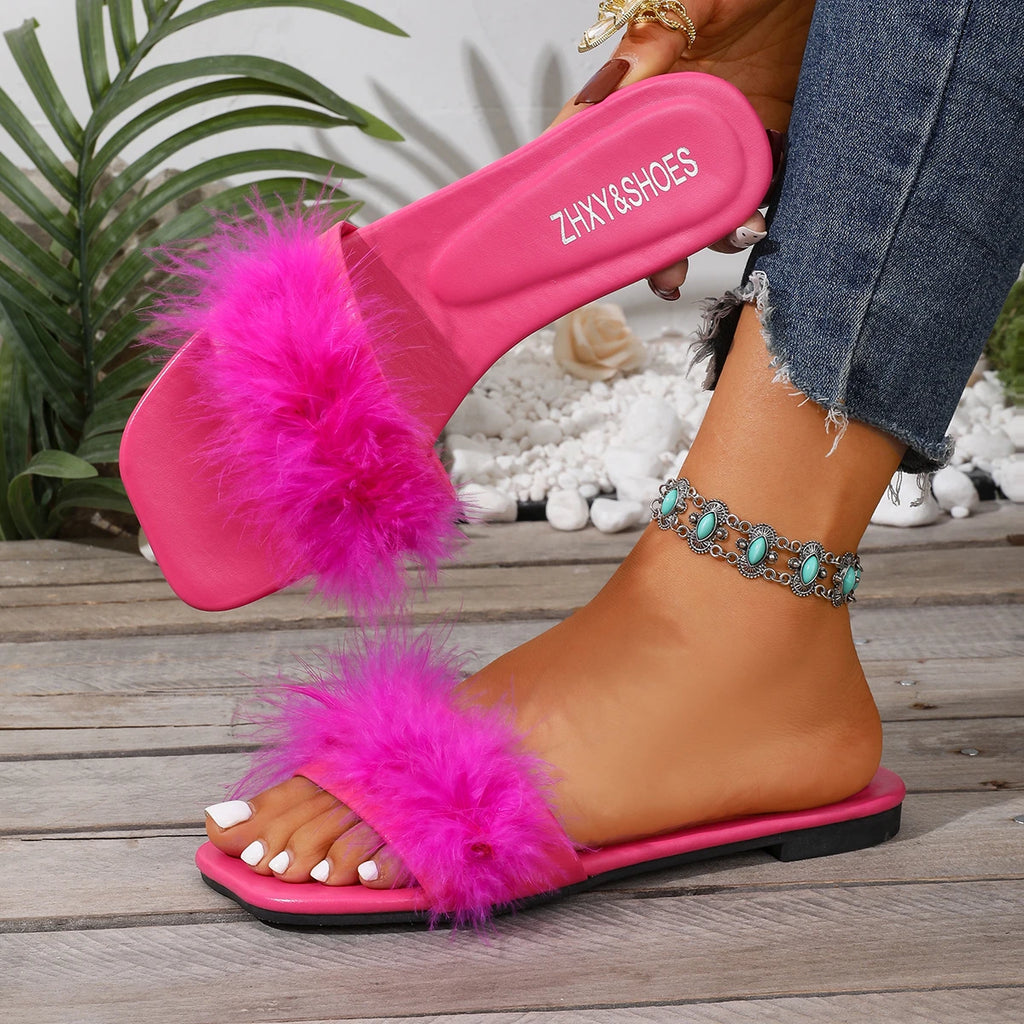 2026 New Peep Toe Women Slippers Fur Fashion Wedding Slip-On Shoes Square Toe Slippers Lightweight Luxury Sandals Slides Women Zpaxo