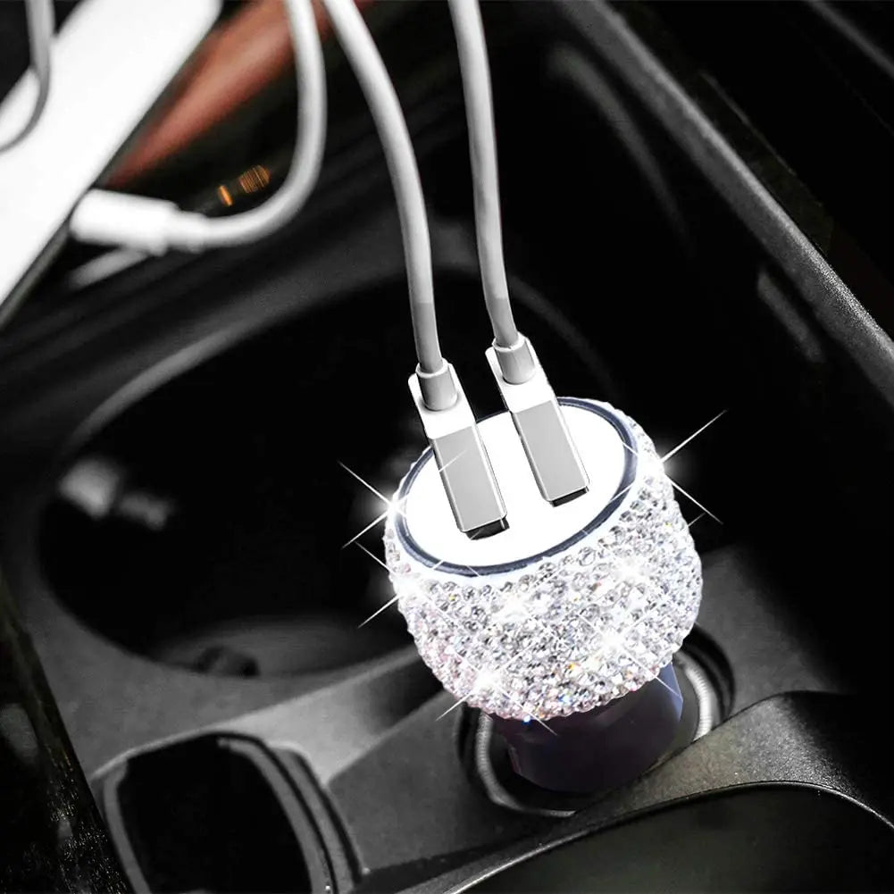 Dual USB Port Car Charger Safety Hammer Design Handmade Rhinestone