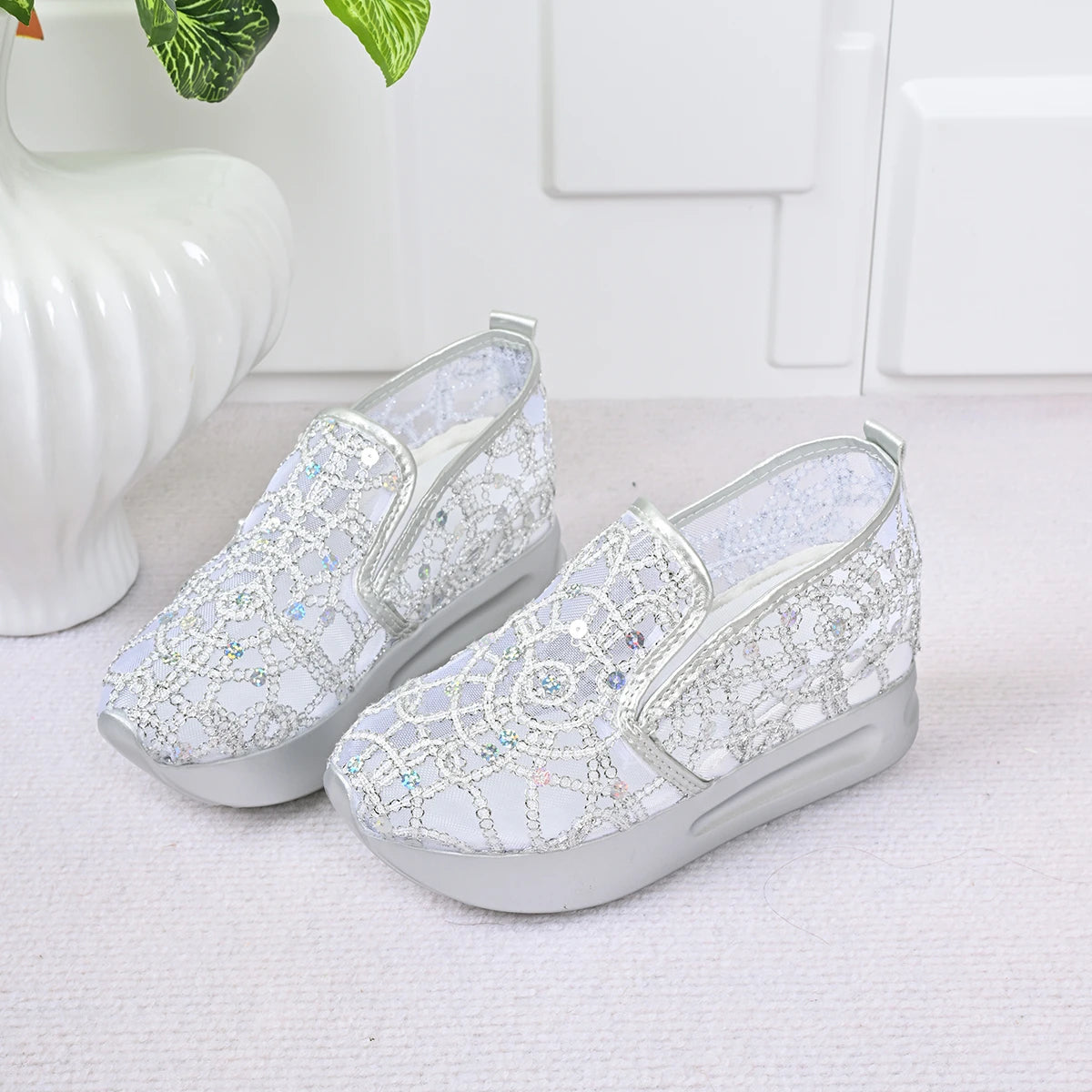 Platform Wedges Women Sneakers Comfortable Lightweight Embroidery Mesh Sneakers Women Slip on Casual Comfy Heeled Shoes Woman Zpaxo Silver 43
