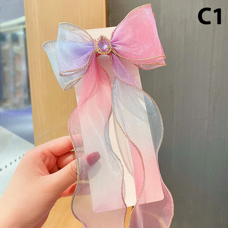 Girls Cute Elegant Mesh Bow Ribbon Hair Clip Faux Pearl Tassel Zpaxo C1