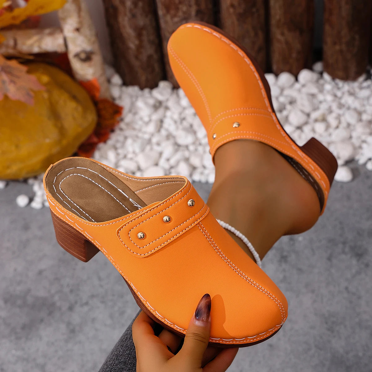 Women Slippers 2026 Chunky Heels Platform Sandals Summer Retro Round Zpaxo Orange 42