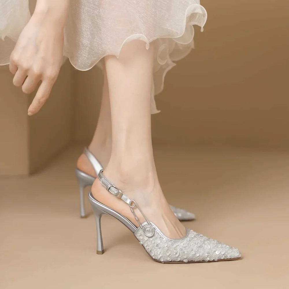 Pointed-toe Stiletto Heels Women's Sequins Cloth Spring Summer Zpaxo 41 Silver