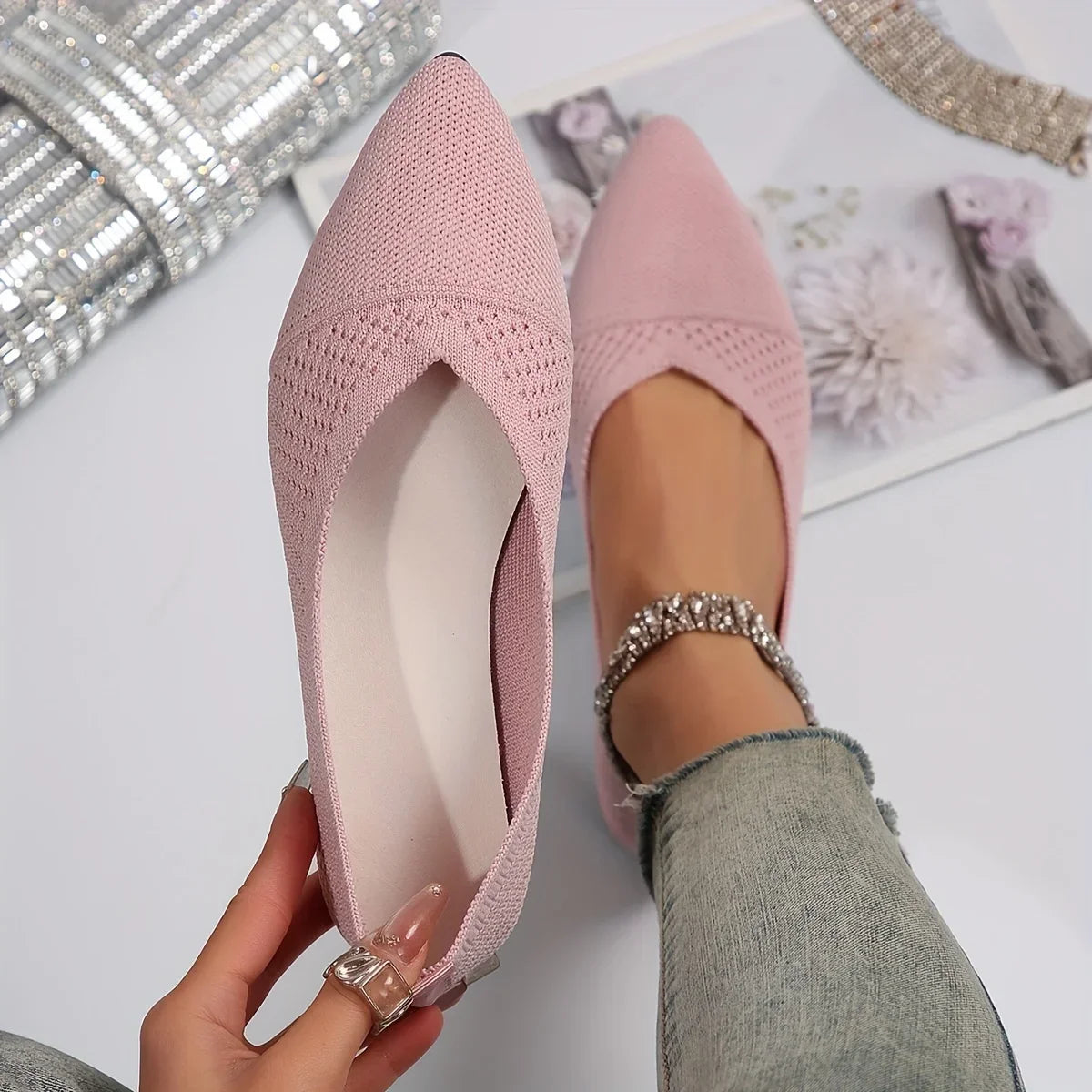 Women Flat Shoes Solid Color Knitted Slip on Loafers Women Pointed Toe Ladies Shoes Casual Breathable Ballet Women Flat Shoes Zpaxo Pink Color 43