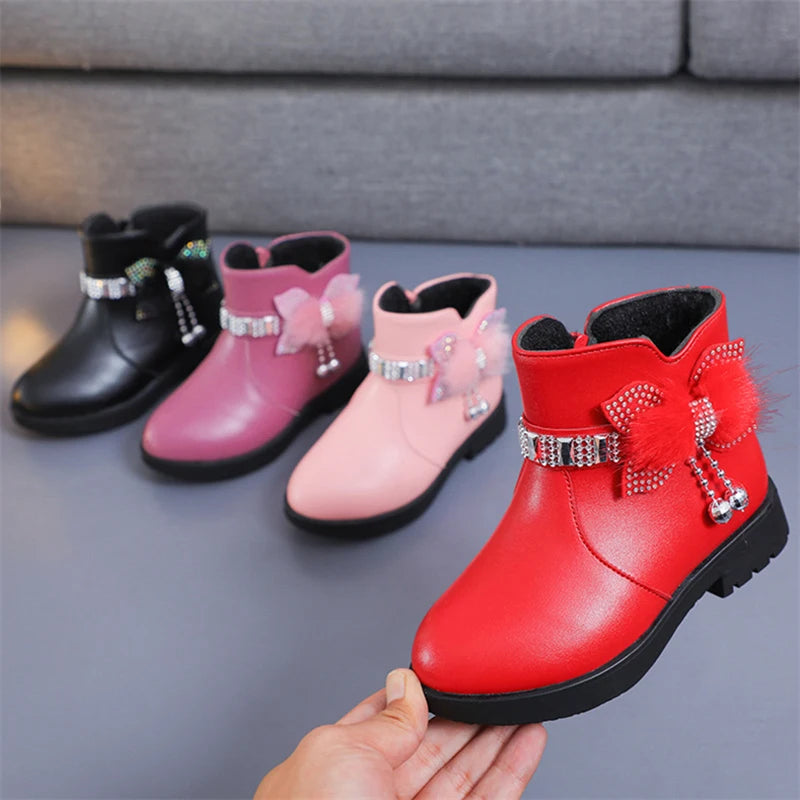 Winter Children's Shoes Girl Mid Length Warm Leather Boots Baby Bow Zpaxo