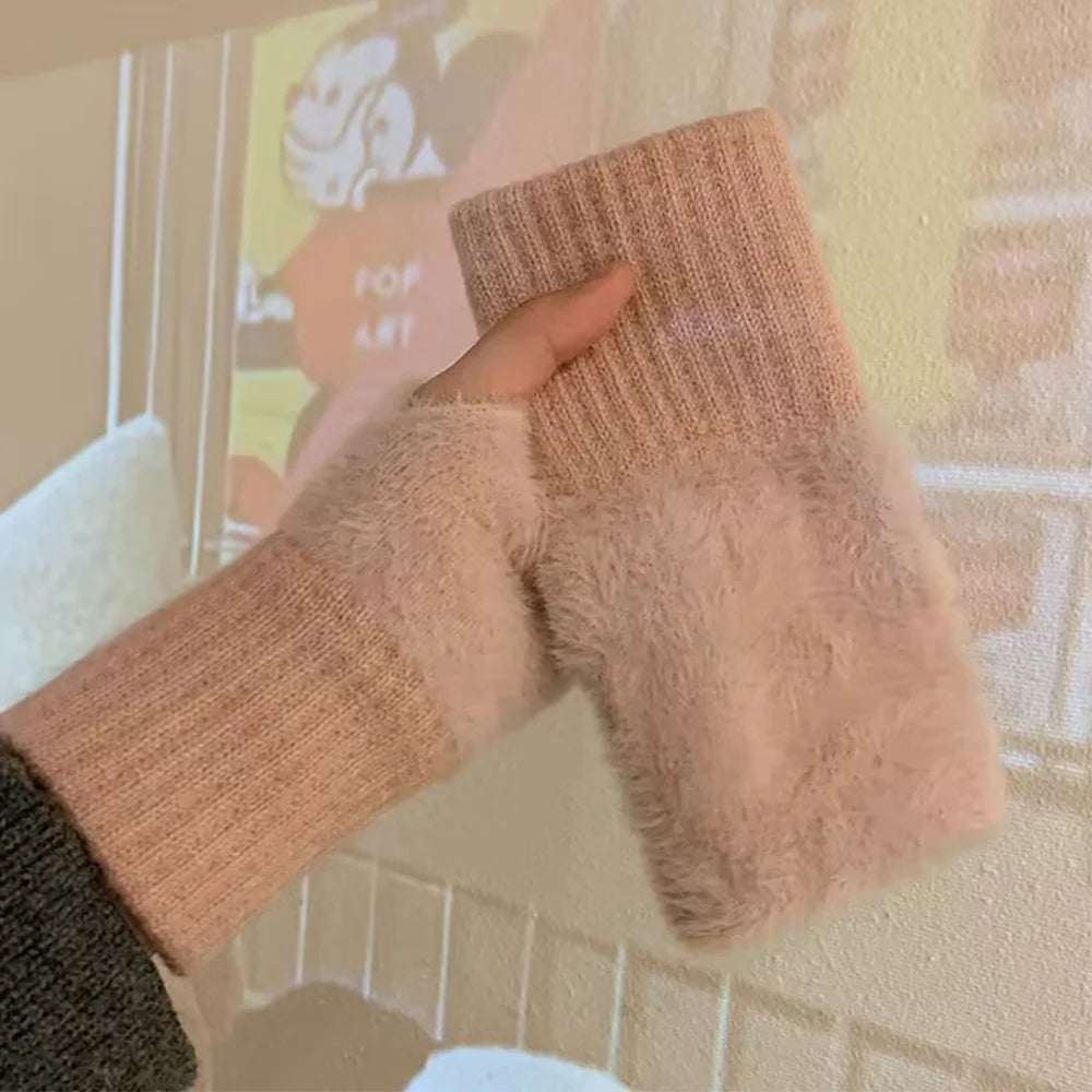 Autumn Winter Soft Mink Fleece Half Finger Gloves Women Plush Knitted Fingerless Gloves Wrist Mittens Driving Writting Gloves Zpaxo pink