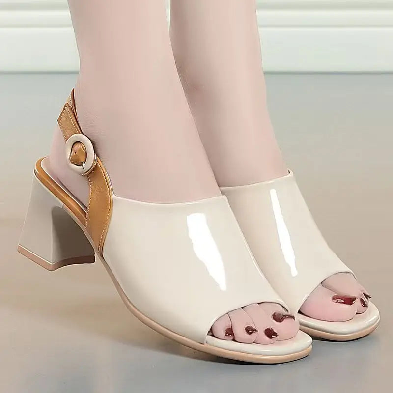 Women's Fish Mouth Peep Toe Summer Block Heel Soft Sole Sandals Women Zpaxo Beige 36
