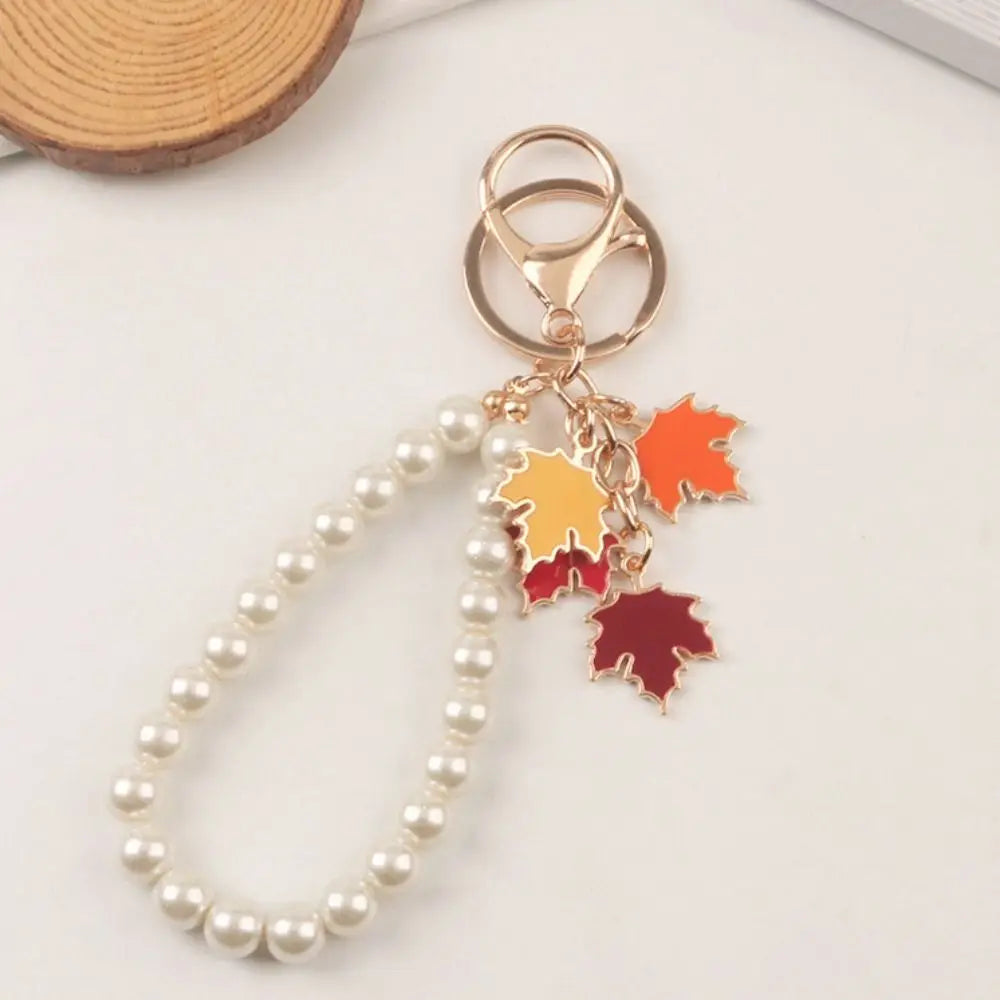 Maple Leaf Maple Leaf Keychain Creative Charms Enamel Plant Key Rings with Pearl Lanyard Pendants Leaf Metal Keyring Handbag Zpaxo pink-C