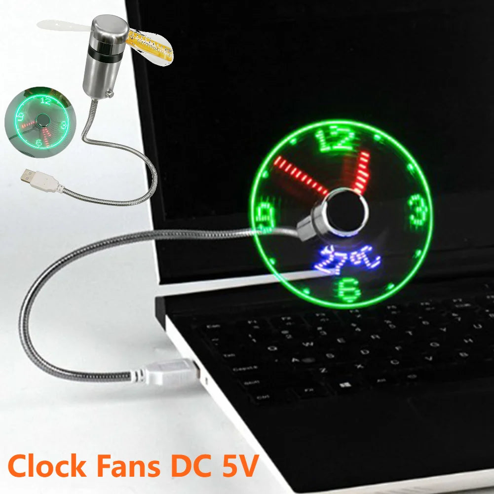 Clock Fans DC 5V Metal Mini Fan Portable Gadgets Cooling Flashing