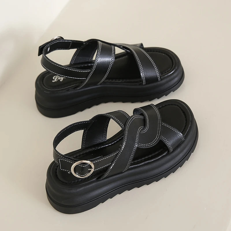 Women's Fashion Sandals New Outer Hollow Breathable Baotou Buckle Roman Shoes Anti-slip 2025 High-heeled Thick-soled Women Shoes Zpaxo