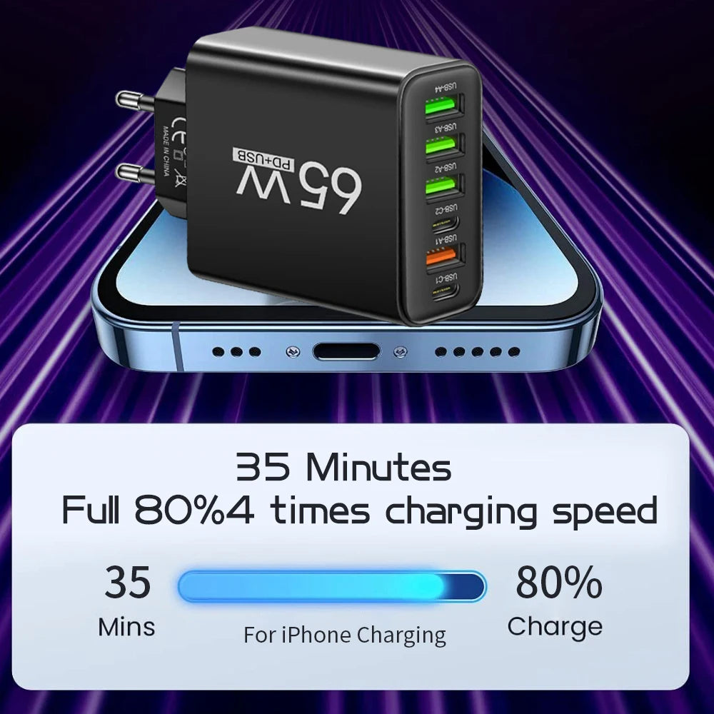 USB C Charger Total 65W PD Fast Charging Mobile Phone Type C Multiple 6 Ports Wall Adapter for iPhone 15 Xiaomi Huawei Samsung Zpaxo
