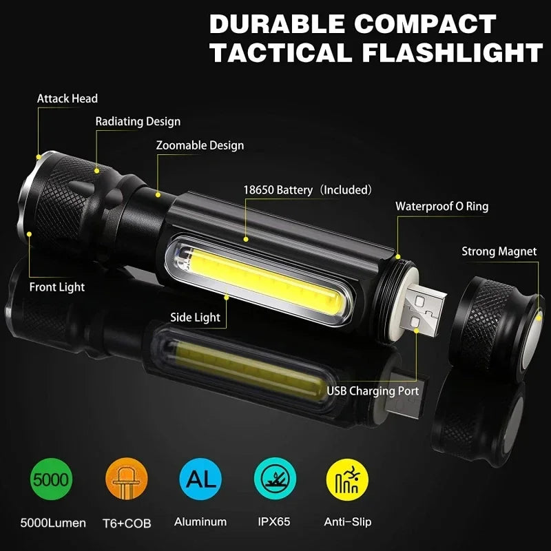 POCKETMAN USB Rechargeable LED Flashlight | COB Side Light 3800LM