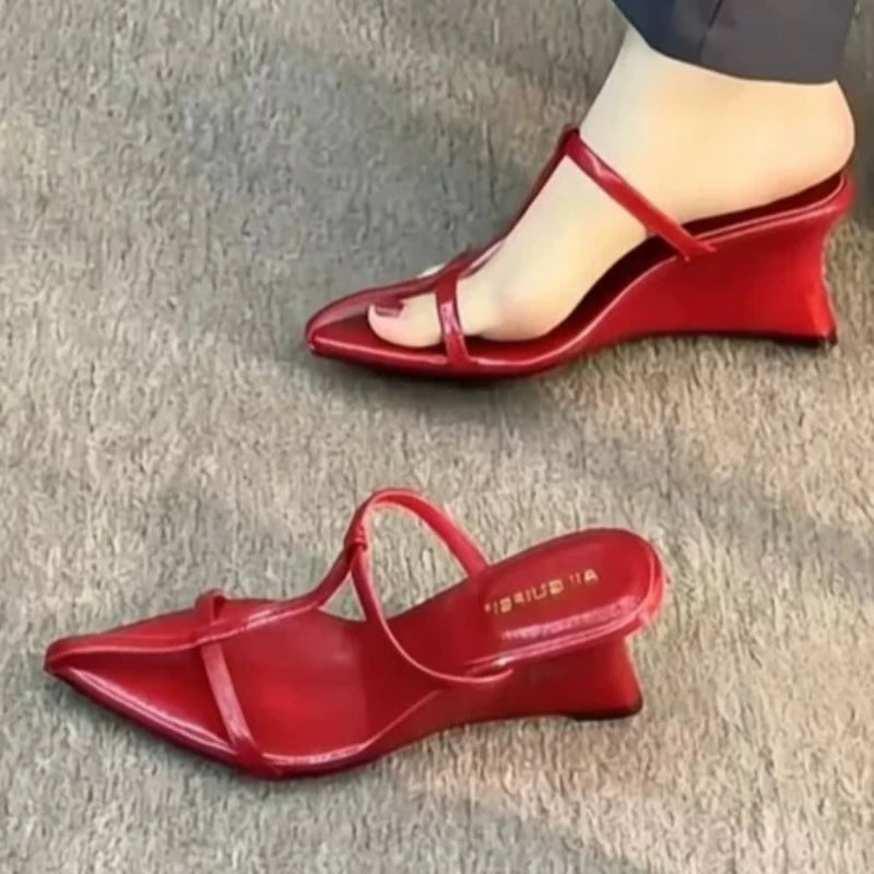 Women's Pointed Closed Toe Solid Comfortable Wedge Heel Slippers Zpaxo Red 40