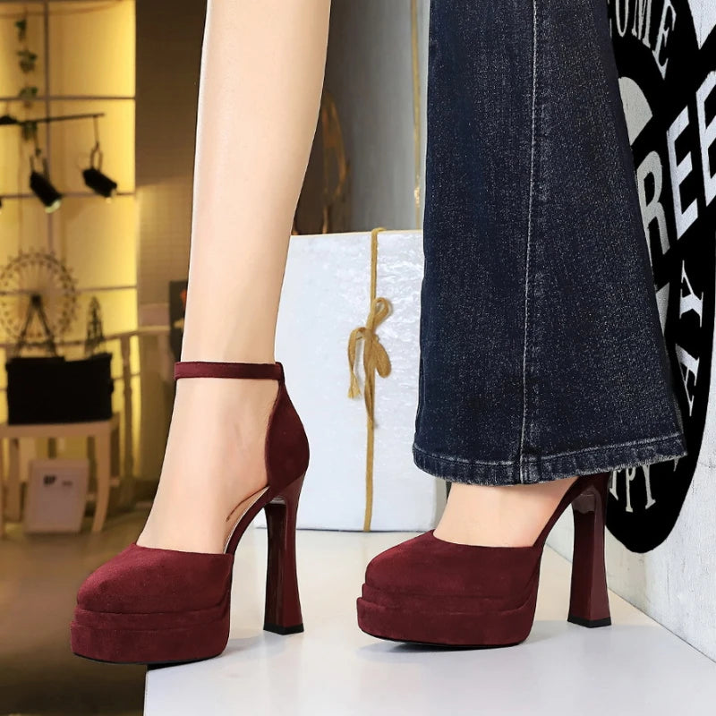 Korean Version Air-quality Shallow Mouth Round Toe Suede Heels Thick Zpaxo 9272 Red 38 China Mainland