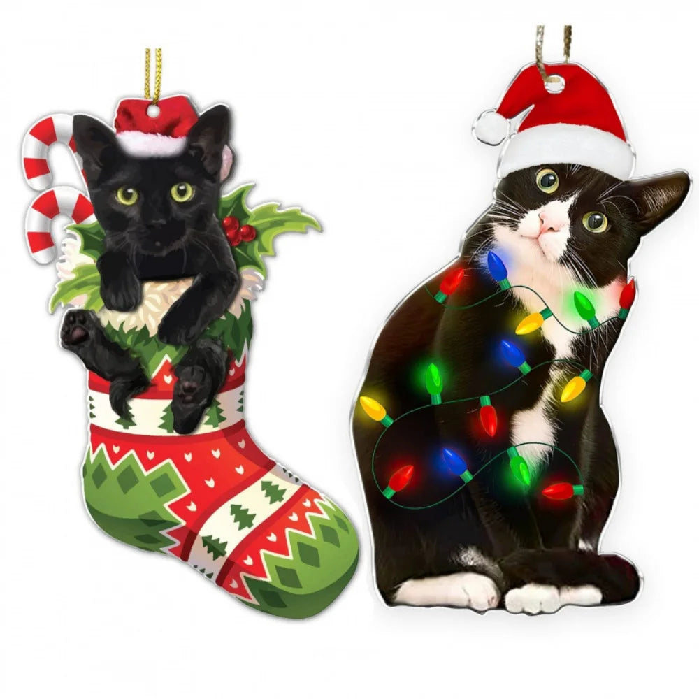 Black Cat Christmas Ornament – 2D Acrylic Hanging Xmas Decor