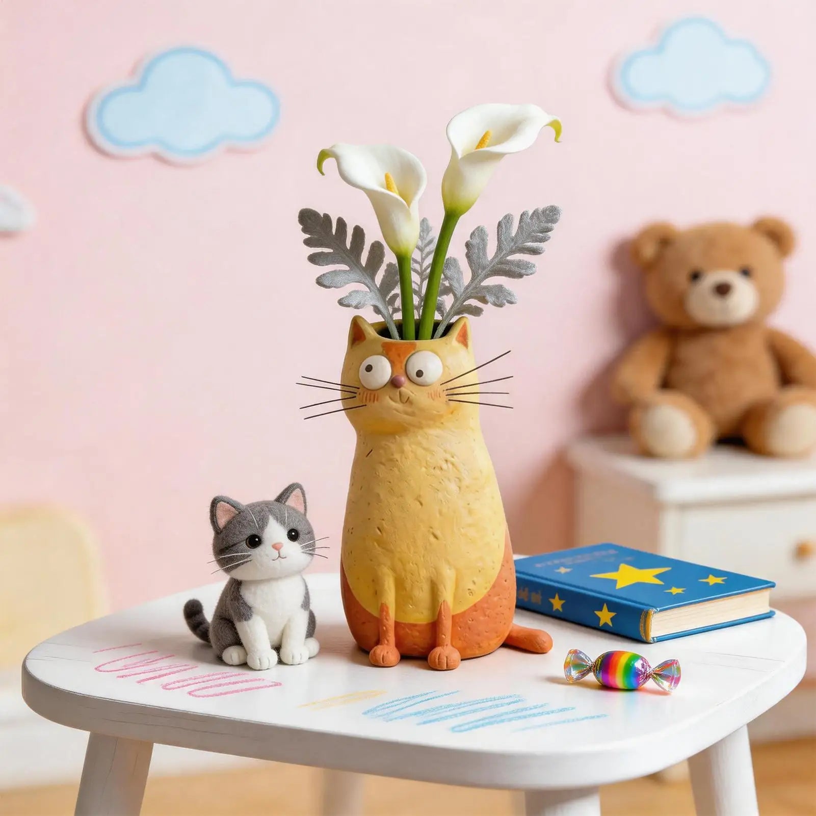 Cat Vase Resin Desk Ornament Whimsical Bookshelf Mantel Entryway
