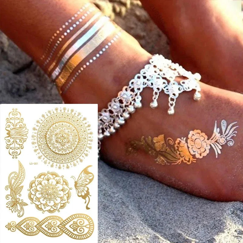 Waterproof Temporary Tattoo Sticker Flower Mandala Henna Rose Gold