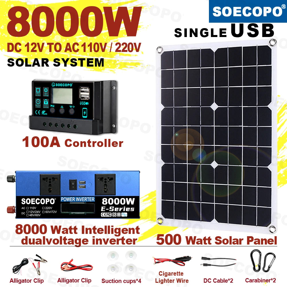 8000W Solar System DC12V/24V to 110V/220V Off-Grid Inverter System 100A Controller 500W Panel for Home RV Camping CE Certified Zpaxo