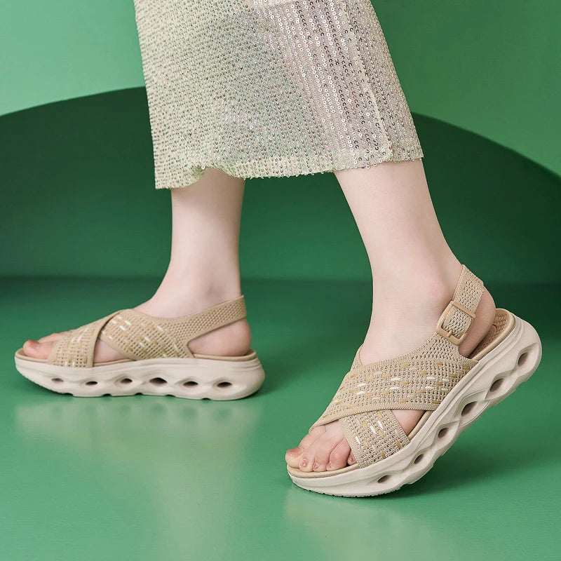 Light Pink Knit Wedge Sandals Breathable Woven Upper Adjustable Zpaxo