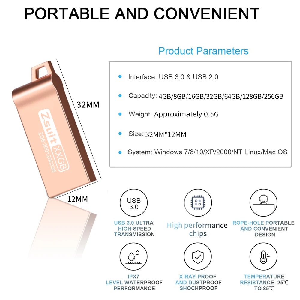 ZSUIT CXFK 3.0 Metal USB Flash Drive 64GB Pen Drive 4GB 8GB 16GB U Disk 32GB Memory Stick 128GB USB Storage Stick Custom LOGO Zpaxo