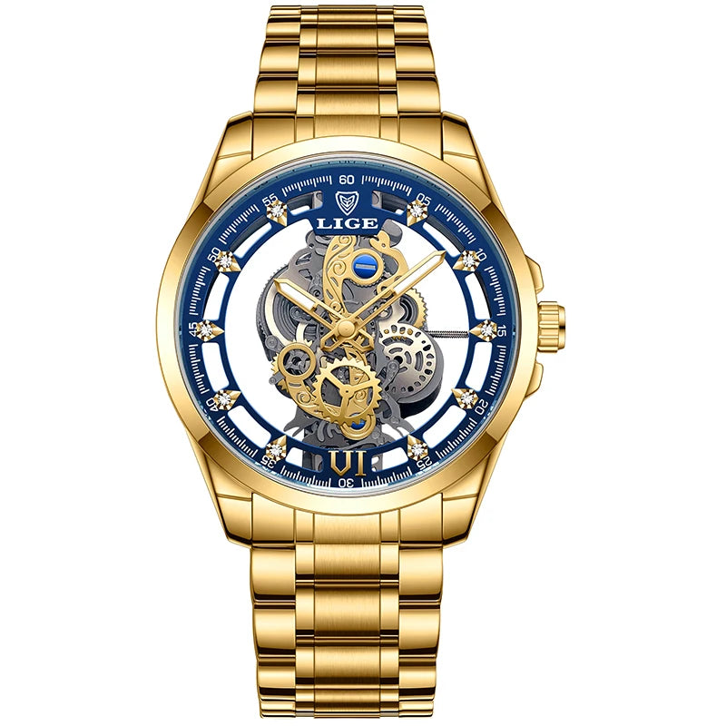 2025 LIGE Men Watch Skeleton Automatic Quartz Watch Gold Skeleton Vintage Man Watch Mens Watches Top Brand Luxury часы мужские Zpaxo Gold blue steel