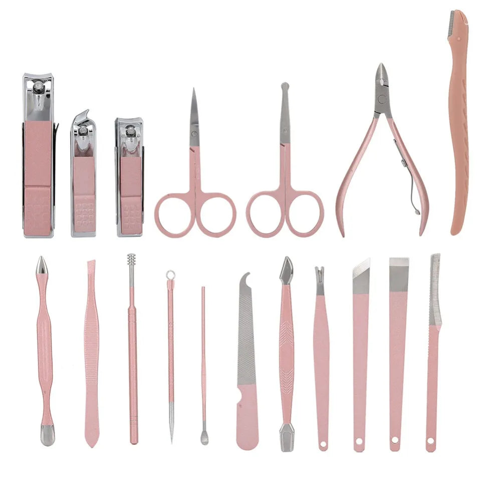 18PCS Stainless Steel Nail Clippers Set Rose Gold PU Leather Case Nail Art Tool Set Portable Cuticle Clippers Kit Zpaxo